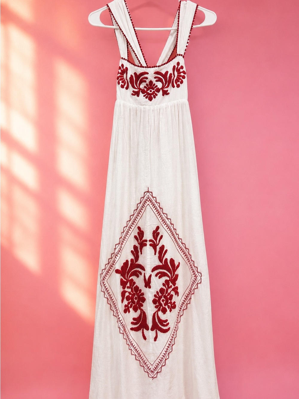 Zara Cream Maxi Dress with Red Embroidery